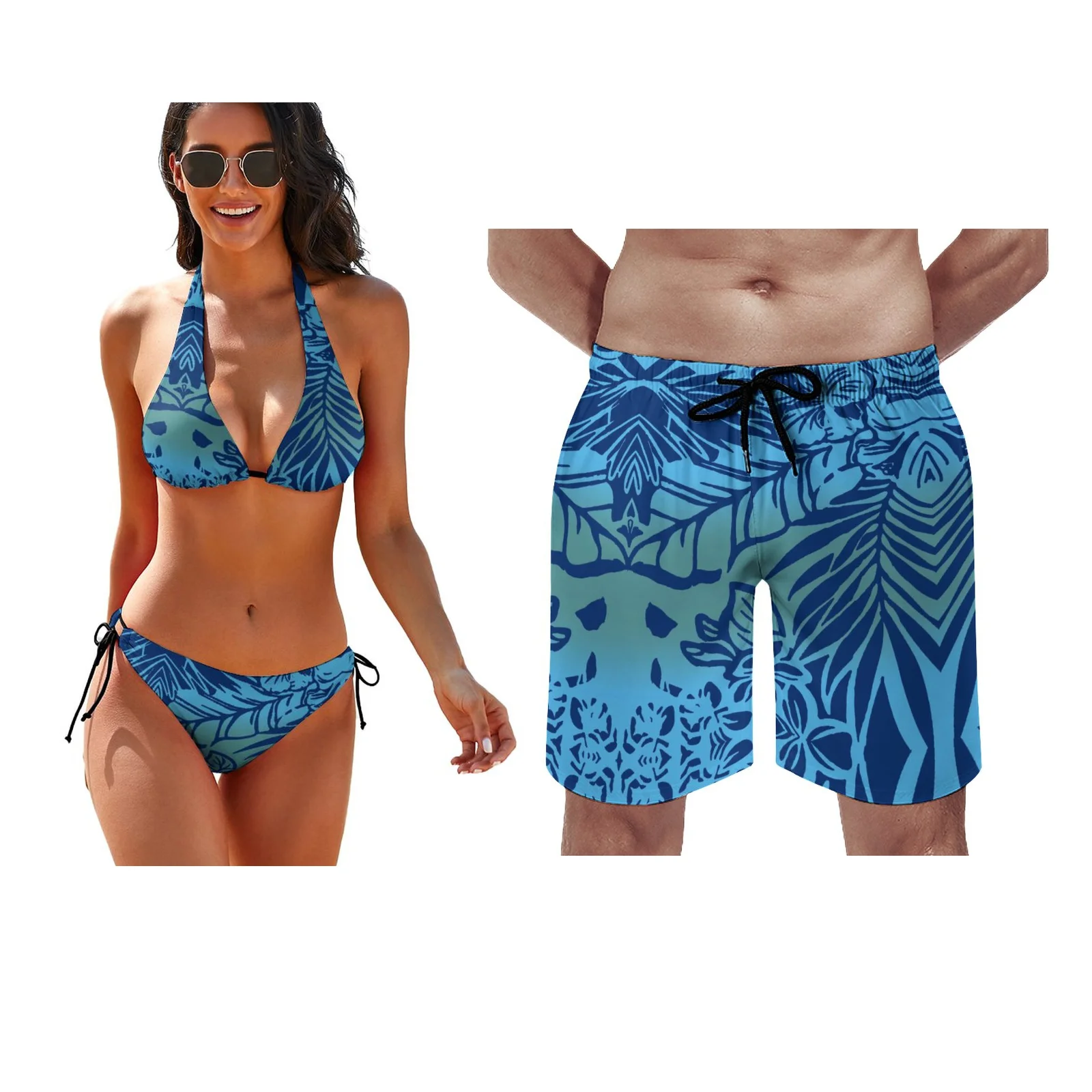 Polynesische benutzer definierte Bikini Strand Paar Set Push-up Bade bekleidung mit Brust polster Riemen Bade bekleidung Strand hose Surf paar