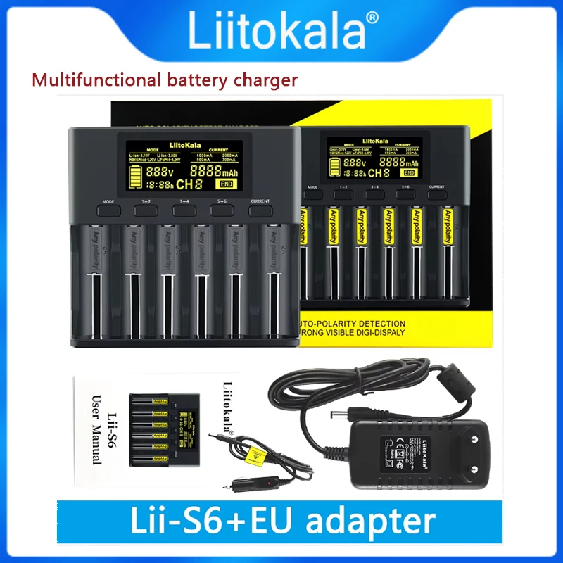 LiitoKala Lii-S6 18650 Battery charger 6-Slot Auto-Polarity Detect For 26650 21700 14500 10440 16340 1.2V 3.7V battery