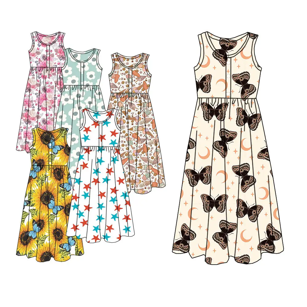 

Универсальное платье для девочек на пуговицах без рукавов с круглым вырезом и принтом бабочки, подсолнуха, луны и звезды, оптовая продажа
