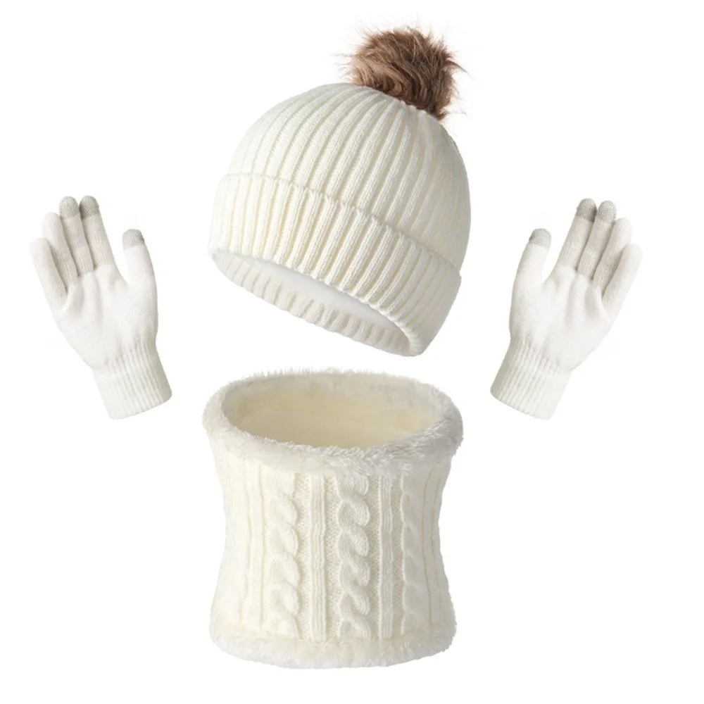 

3pcs/set Soft Big Hair Ball Winter Knitted Hat Keep Warm Thicken Winter Hat Set Solid Color Knitted Hat Scarf and Gloves Women