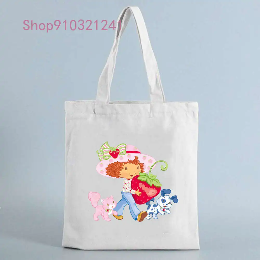 Shopping Bag Anime Strawberry Girl Print Handbag Cotton Manga Tote Bags Reusable Grocery Women Classic Vintage Shoulder Bag