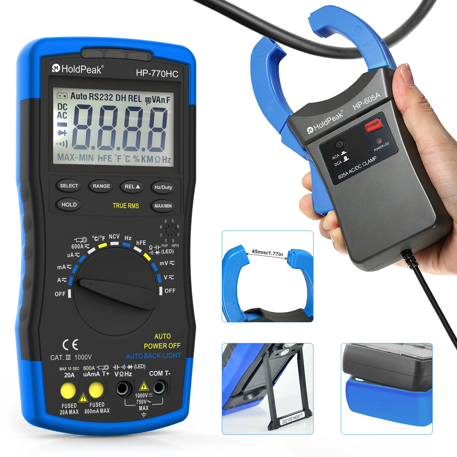 HoldPeak HP-770HC True RMS Autoranging Probe Digital Multimeter With NCV+HP-605A Clamp Adapter 600A AC/DC Current Power LED 45mm