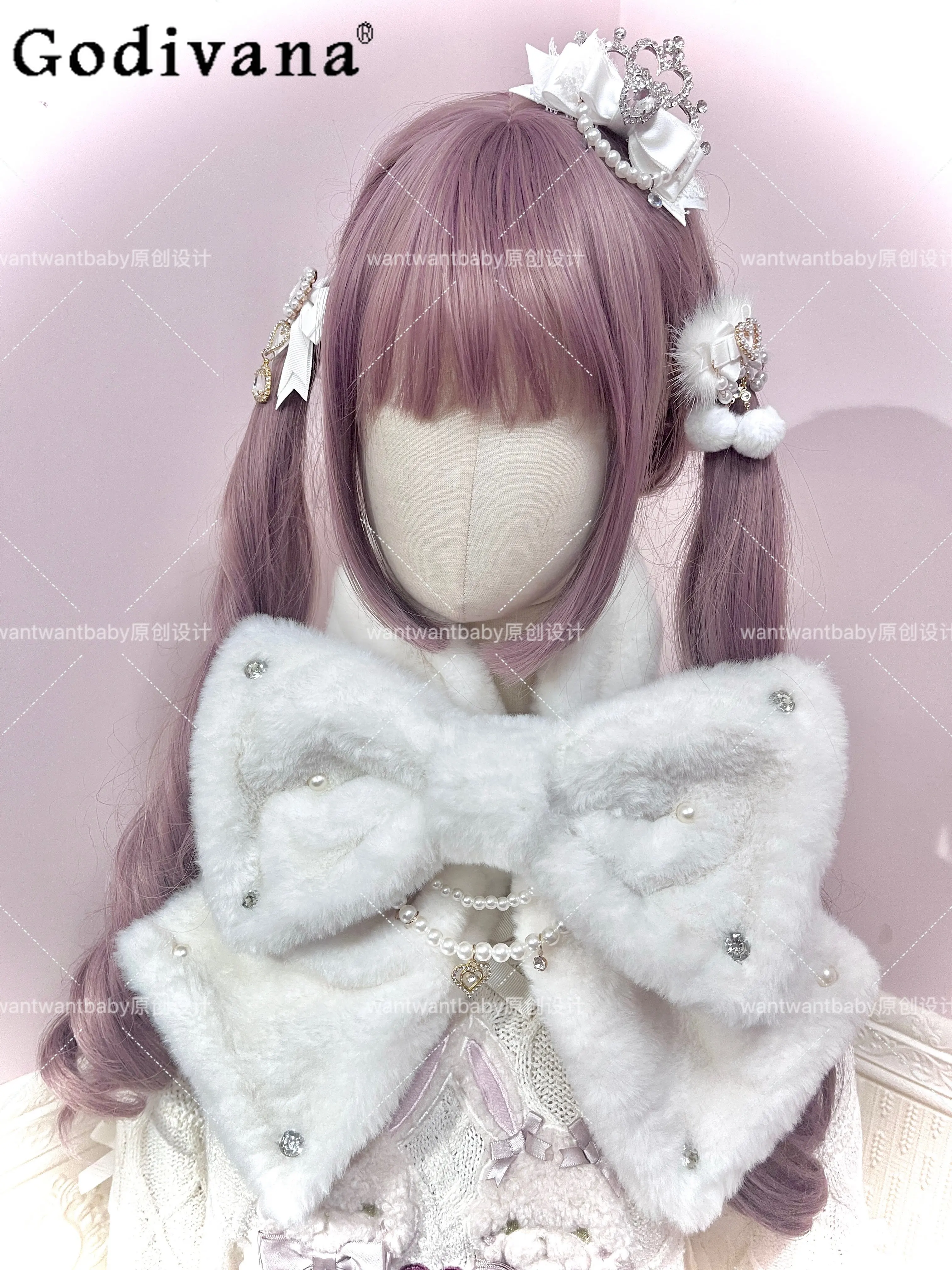 

Original Japanese Mine Mine Lolita Neckerchief for Women Autumn Winter Girls Sweet Cute Pearl Rhinestone Big Bow Plush Scarfs