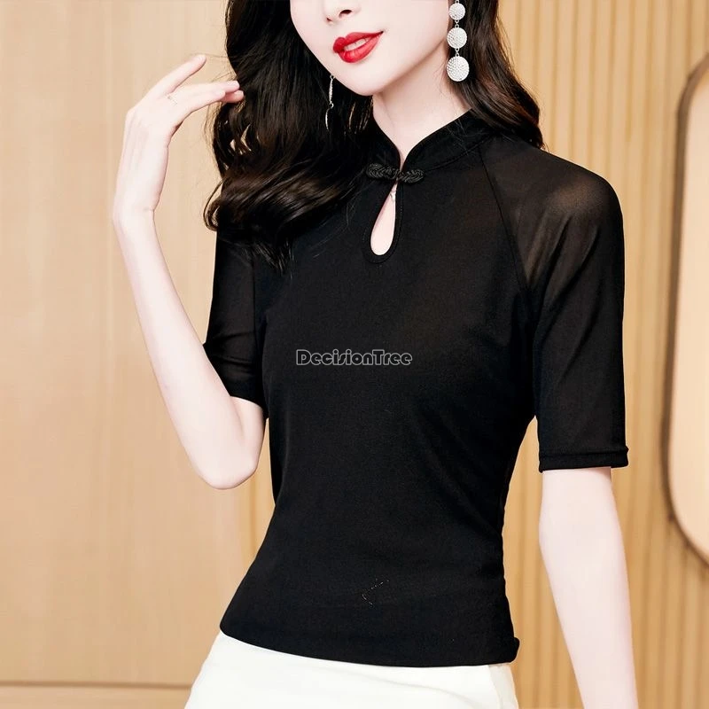 2024 black gauze undercoat qipao top women spring and autumn new retro chinese national style hollow out cheongsam blouse w910