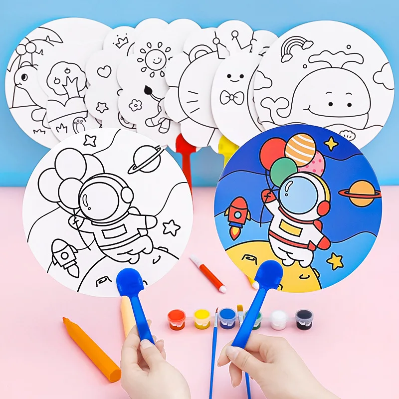 2 Pcs Children's Drawing Toy Blank Fan DIY Material Kit Round Fan Children Hand Coloring Painting Fan Painting Fan Birthday Gift