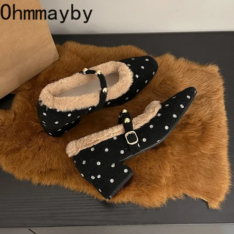 Vintage Womens Polka Dot Mary Jane Shoes Furry Square Toe Block Heel Autumn Winter Warm Plush Lined Dres Pumps - view 3