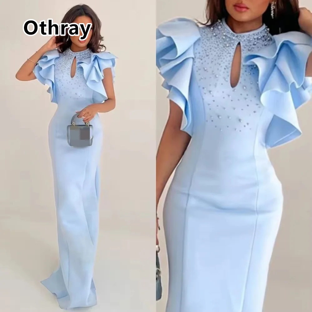 

Othray Небесно-Голубой Саудовская Аравия Вечерние платья из бисера Sky Hole Neck Puffy с короткими рукавами и разрезом сзади Женские вечерние платья для вечеринок