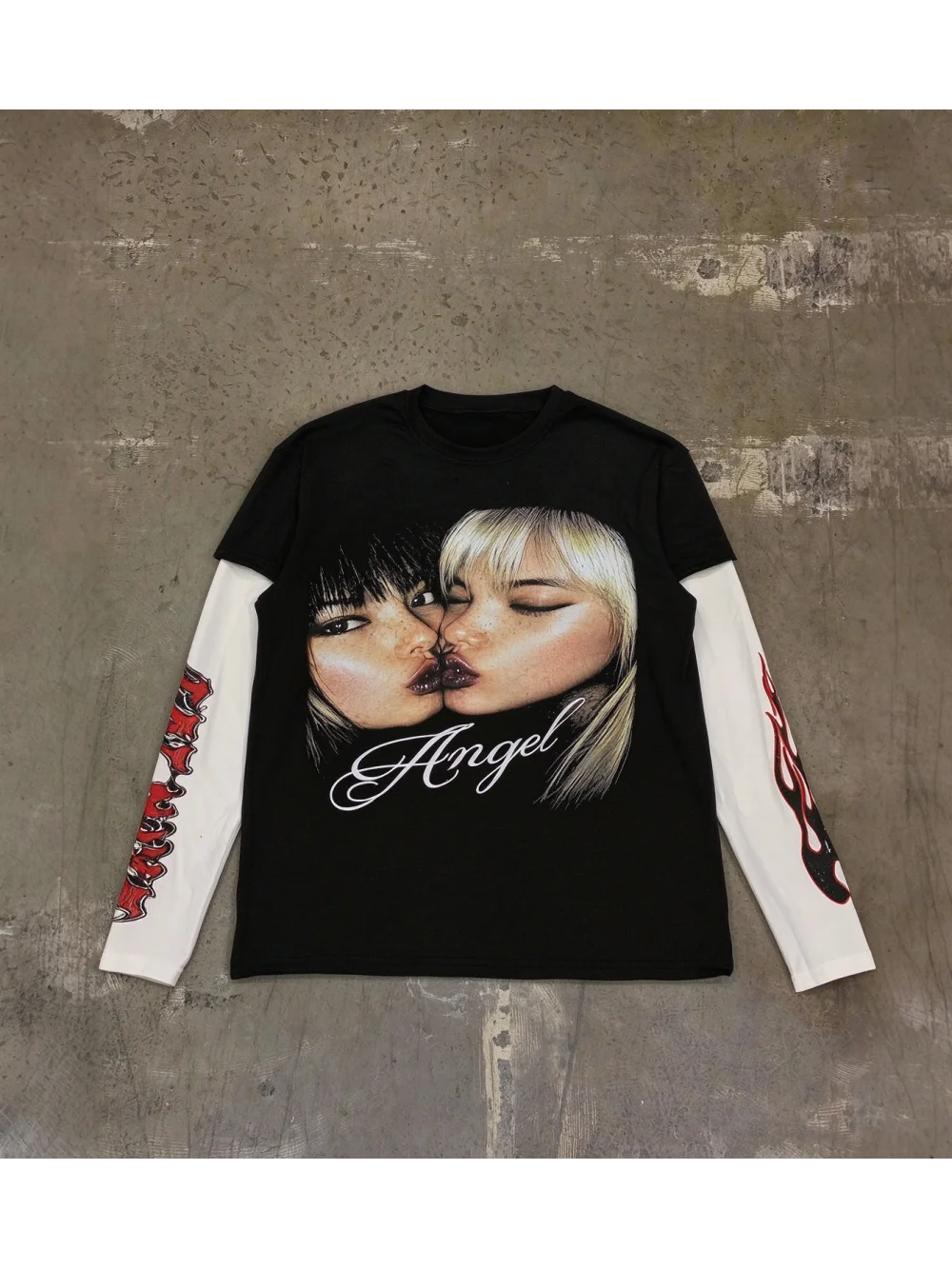 New autumn retro punk fake two-piece long sleeved top with portrait flame letter print Gothic street casual niche trend unisex