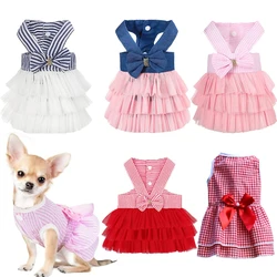 Cute Small Medium Cat Dog Princess Dresses Puppy Bow Knot Dress Pet Tutu Dresses Striped Mesh Puppy Dog Princess Summer Dresses