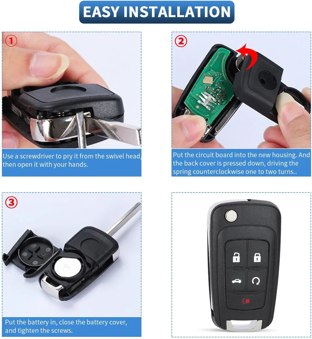 Chevy Cruze Camaro Impala Equinox GMC Terrain Buick Regal Lacrosse 2017-2011 키 포브 쉘 교체