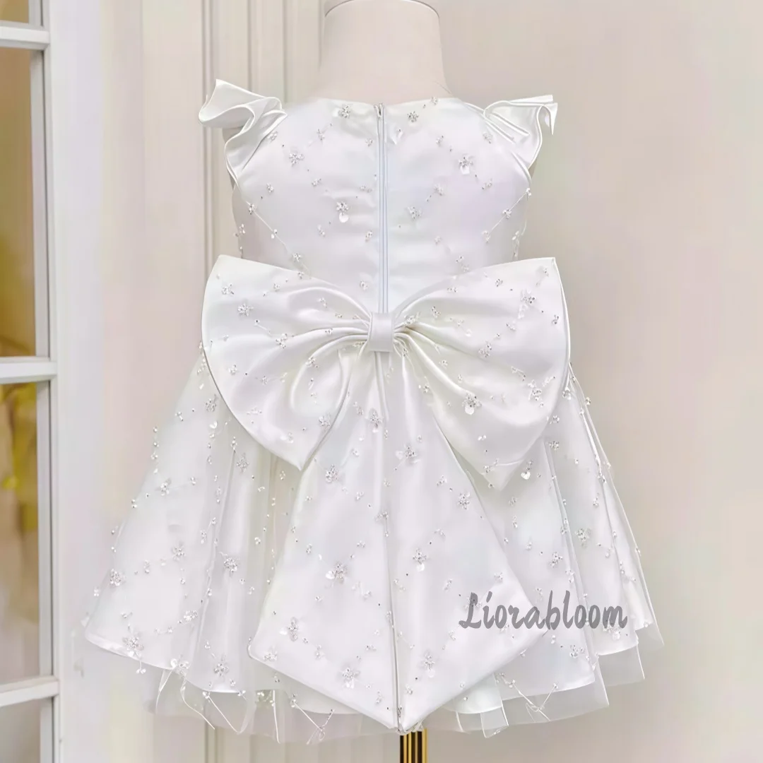 Abito da bambina con perle, vestito bianco con paillettes per damigella, abito corto da festa, abito corto da sposa, abito formale a maniche corte