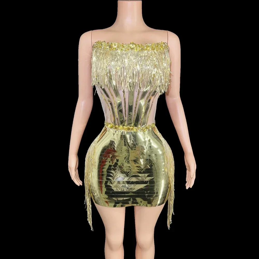 Gold Sequins Rhinestones Short Tube Bandage Dress Sexy Show Stage Wear Performance Dance Costume Party Birthday Dress