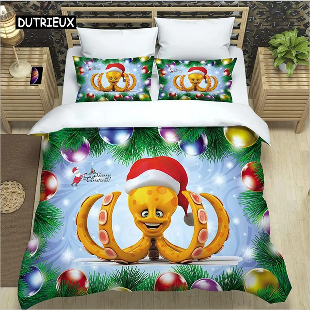 

Merry Christmas Bedding Duvet Cover Set,Christmas Trees Snowman and House Pattern Printed Quilt Cover Set Soft Comforter Cover