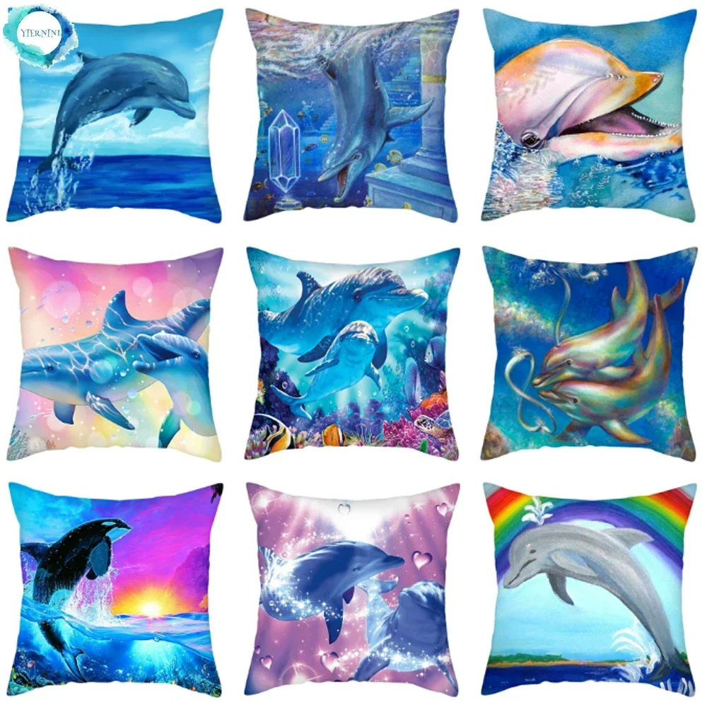 Dolphin Pattern Polyester Cushion Cover Colorful Sea World Decorative Pillow Cover Home Sofa Car Decor Throw Pillowcase 45x45cm