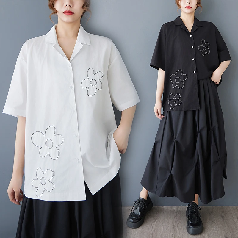 Retro Bla Embroidered irt ort Sve Cuban Collar Design Loose Fit Women's Summer Top for plus Size MM Cotton Blend