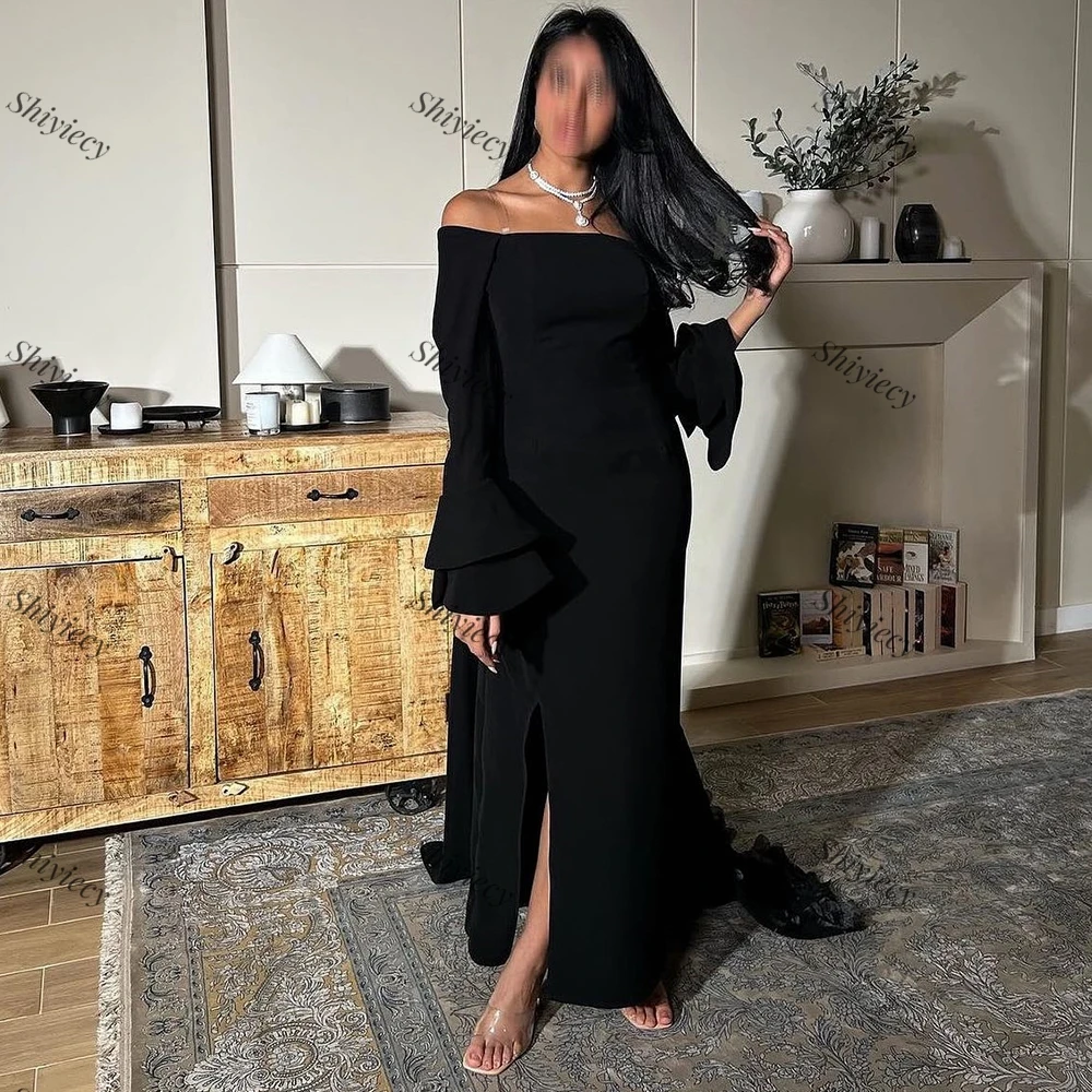 Shiyiecy Black Jersey Prom Dress with 3D Flowers Saudi Arabia Long Sleeves Side Split Evening Dress Formal Occasion Party Gowns