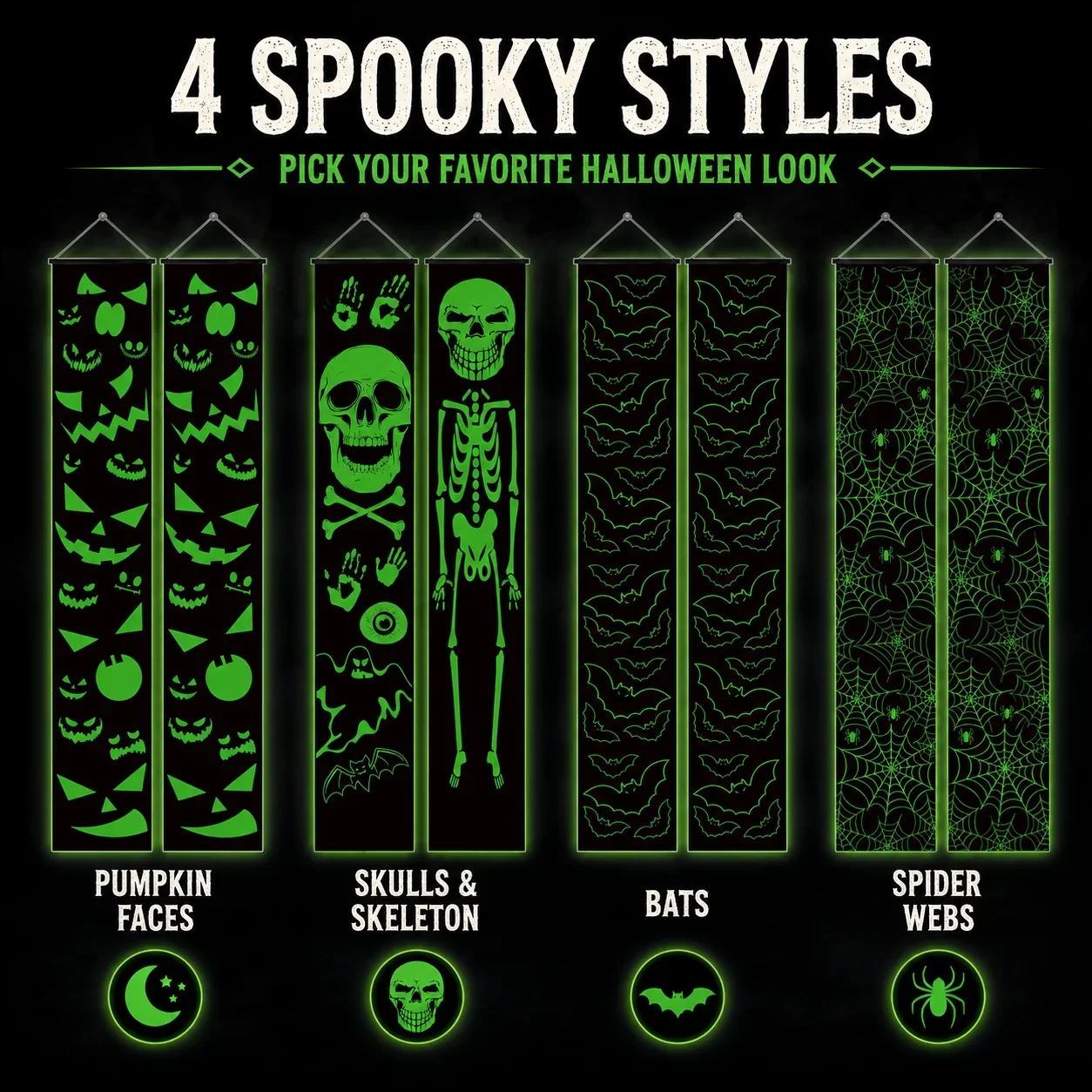 2PCS Glow in the Dark Halloween Porch Banners, Skeleton Skull Hanging Flags for Front Door Yard Outdoor Party Decor