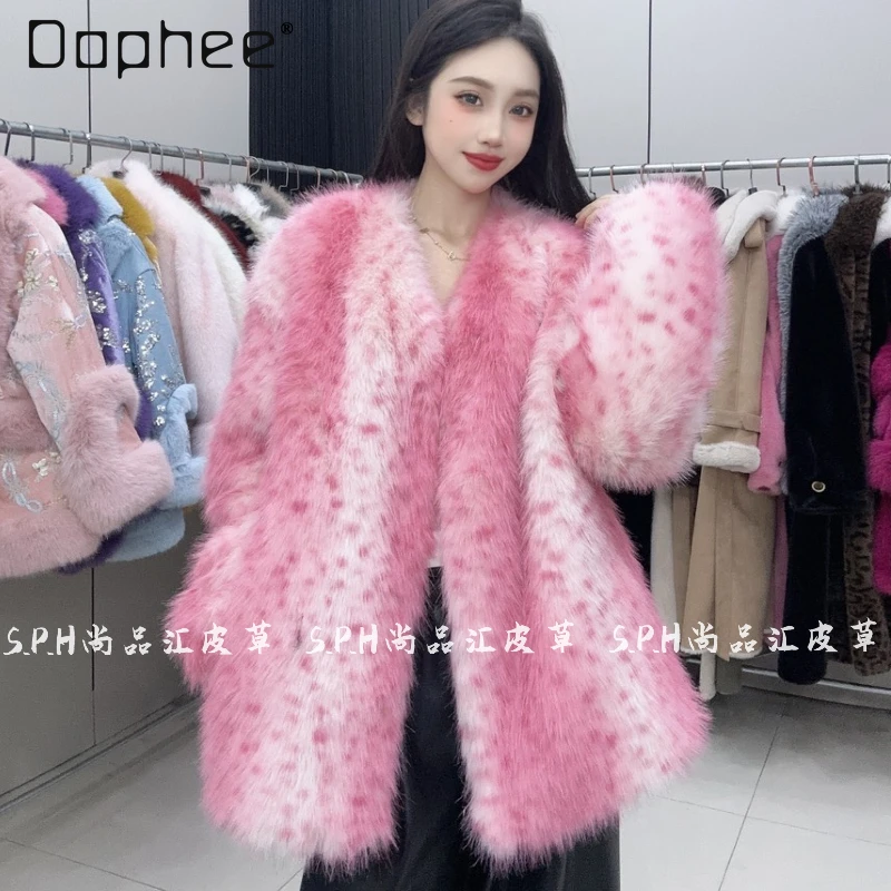 Pink Fog Bobcat Pattern V-neck Jacket Korean Version Thickened Cotton Winter Faux Fur Jacket Women Elegant and Noble Coat