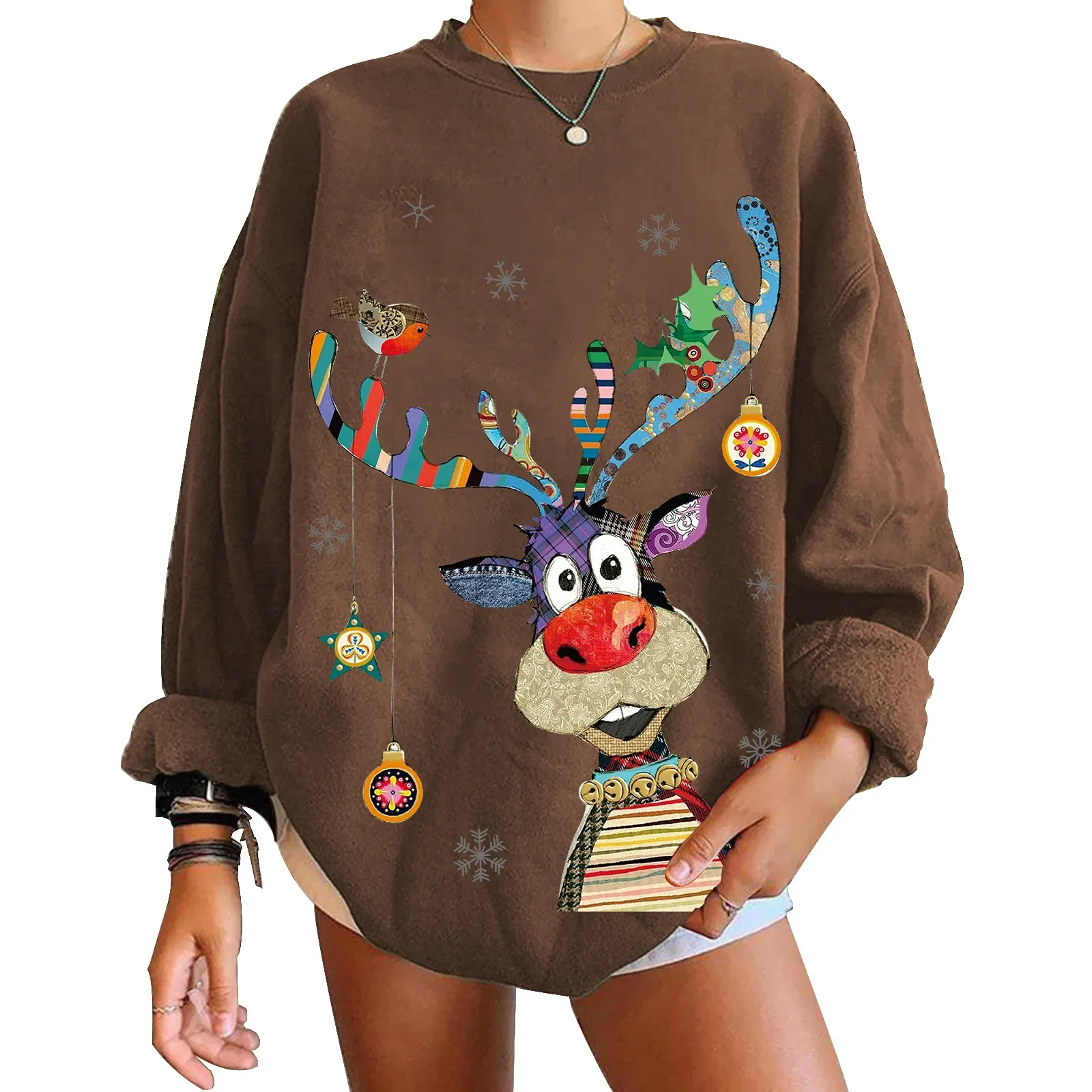 Women Christmas Loose Sweatshirt Adults Deer Print Long Sleeve Round Neck Pullover 2025 New Women Christmas Sweatshirt Tops