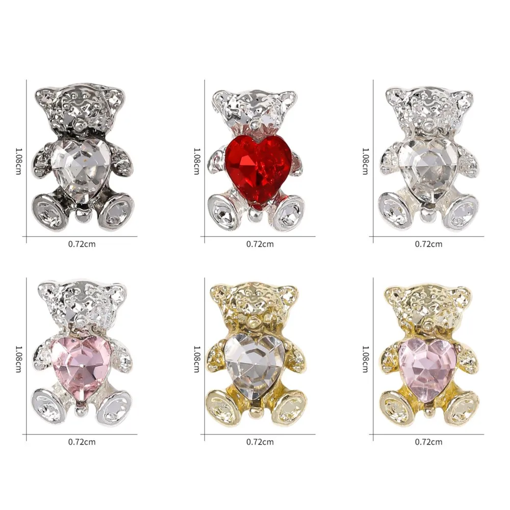 10pcs 3D Cute Gold Silver Alloy Bear Nail Charms Pink Love Heart Diamond Nail Gems 10*7mm Flatback Metal Bear Nail Art Supplies