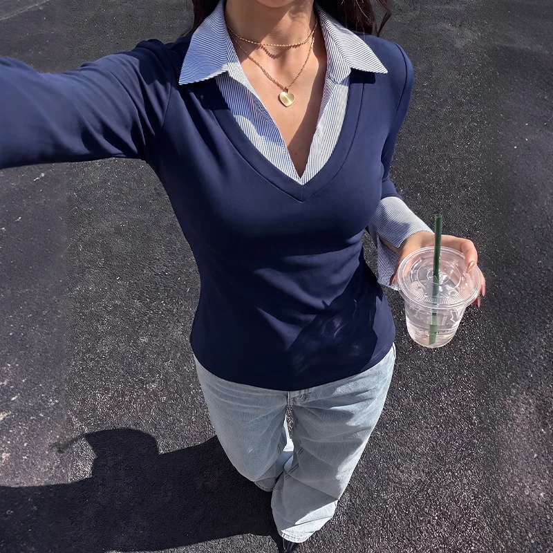 CGC Fake Two-Piece Women's Blouses Spring Autumn Casual V Neck Shirts Lapel Collar Long Sleeves Tops Commuting Female Clothing