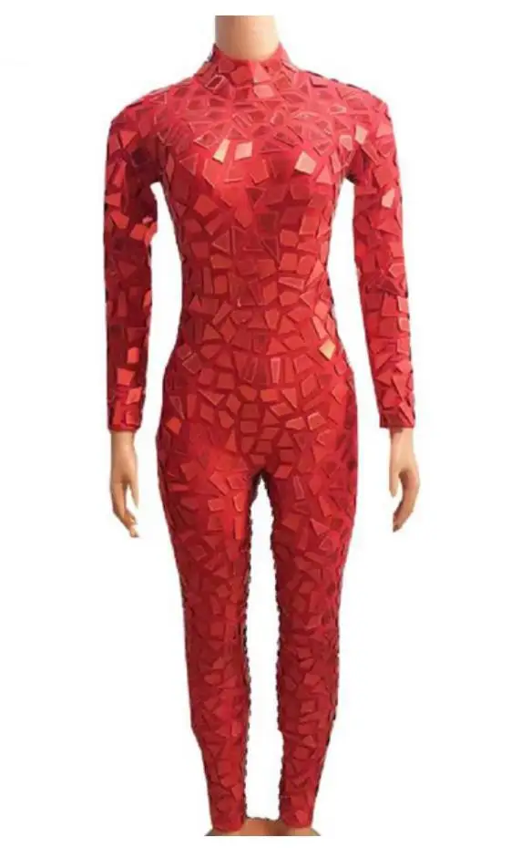 Red Mirrors sparkly Skinny Sequins Bodysuit Jumpsuit Nightclub Female Singer Pole Dance Clothing Stage Show Rave Outfit