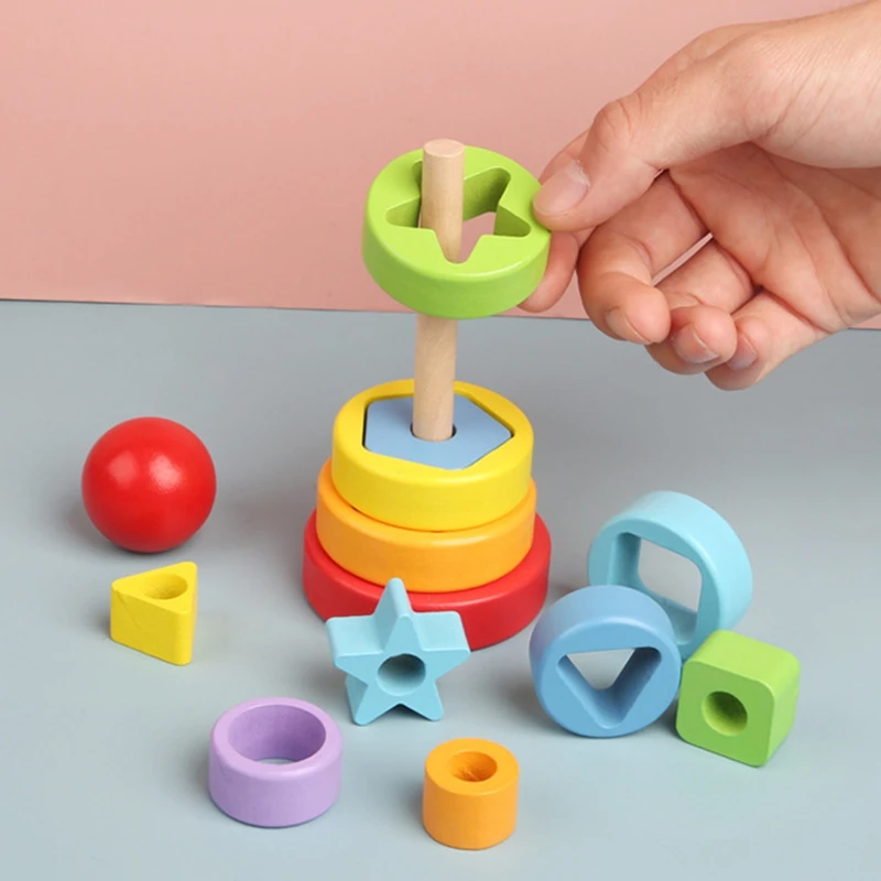 Torre de madera de arcoíris para niños, juguetes geométricos de apilamiento, taza de Color, anillo de apilamiento