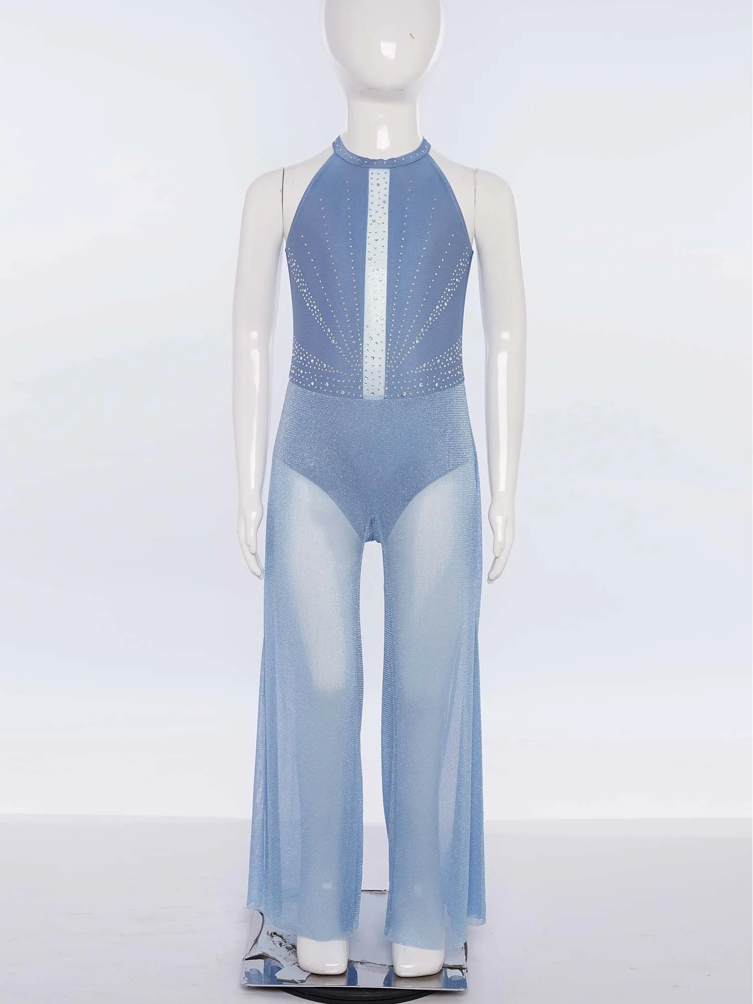 Combinaison scintillante à strass pour filles, vêtements de danse de Ballet de gymnastique, sans manches, jambes larges, une pièce, Costume de danse moderne et contemporain