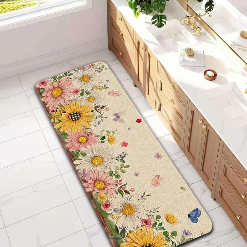 Vintage Daisy Wildflower Botanical Garden Print Floor Runner Non-Slip Decorative Kitchen Mat for Rustic Farmhouse Sink Area