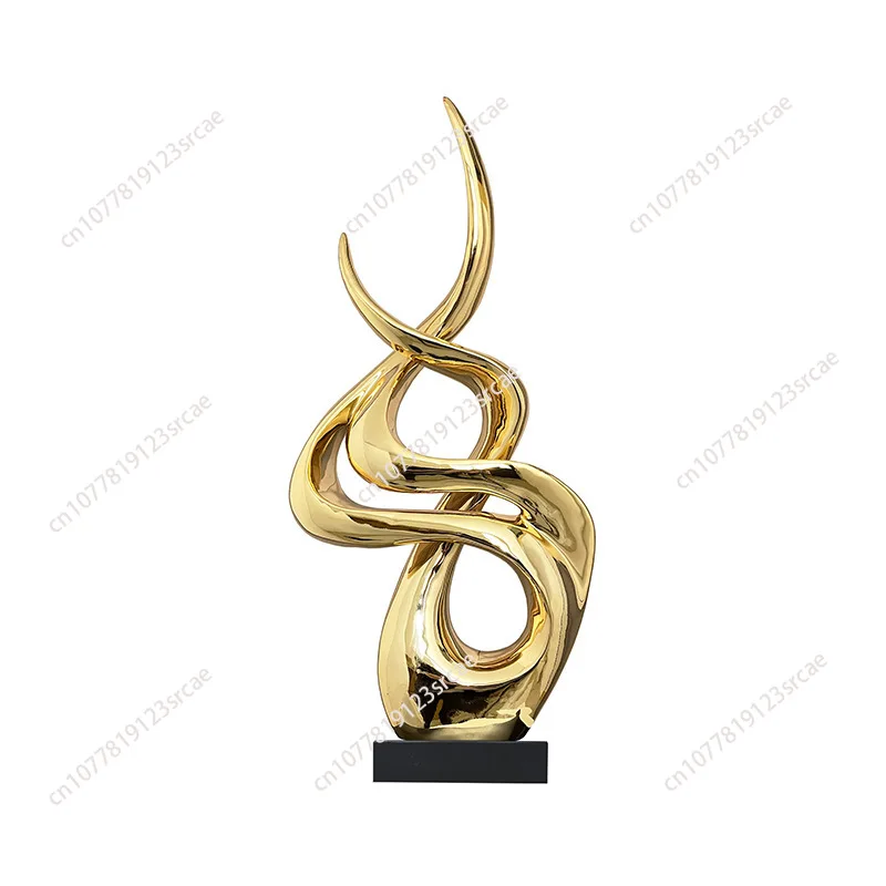 Plating Resin Twisted Shape Sculpture  Black Marble Base, Figurines Craft, Abstract Ornament in Hotel, Home Decor Accessories