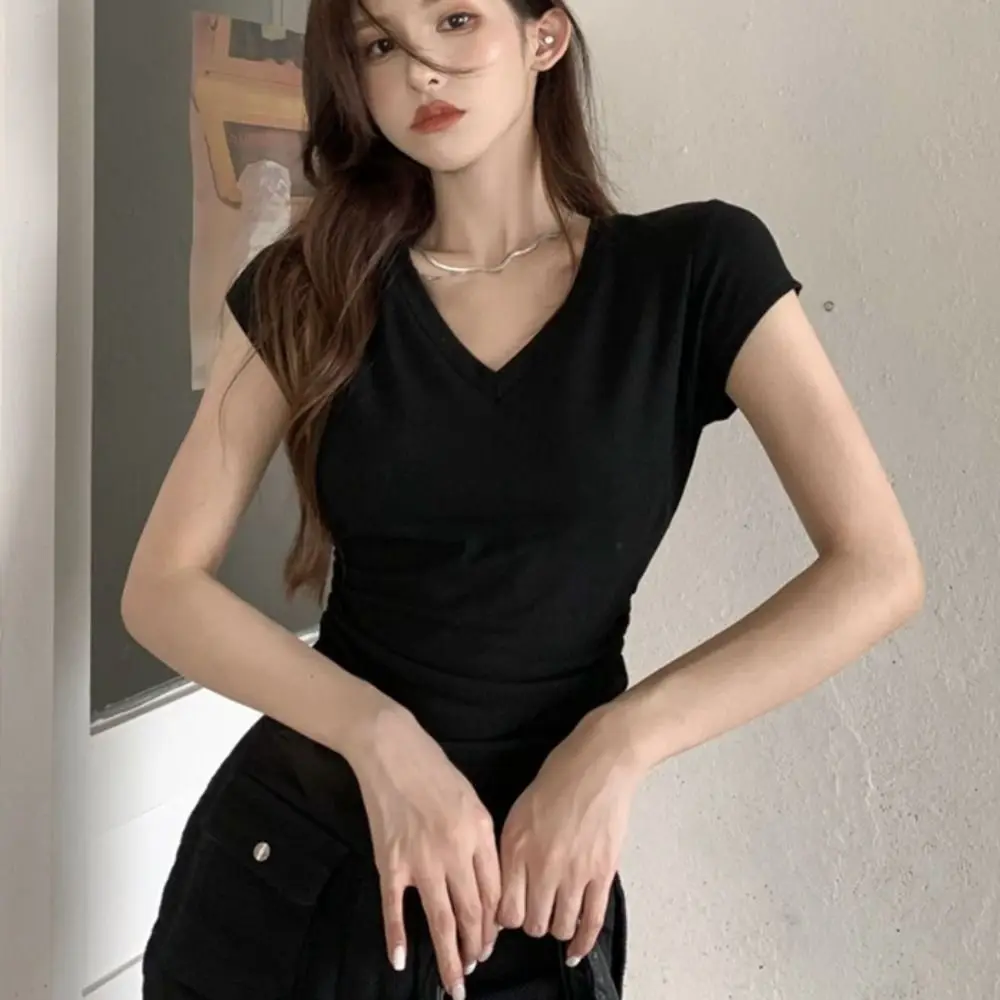 

Sweet Pleated Short Sleeve T-shirt Slim Fit Simple Y2K Crop Top Women Bottoming Shirt Chic V-neck Tees Top Girls