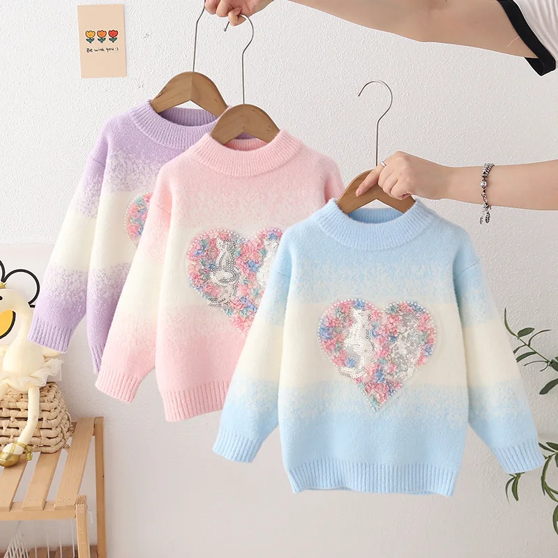 

Sweet Love Patchwork Sweaters for Kids Girl Fashion Knit Jumper Princess Autumn Winter Long Sleeve O-neck Pullovers Tops IY08051