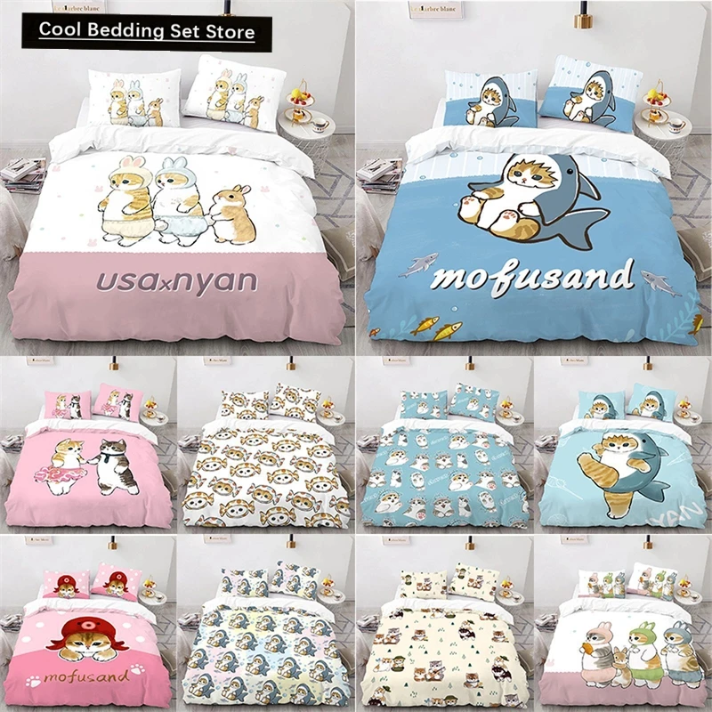 

Cute Kitten Duvet Cover Pillow Case Mofusand Anime Shark Cat Bedding Set Single Double Queen Size Teen Gift Room Decor