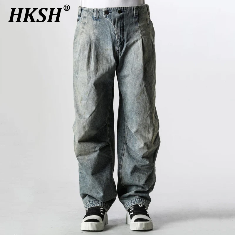 

HKSH Spring Autumn New Men's Tide Techwear High Street Elegant Fashion Washed Jeans Vintage Wrinkled Wide-Leg Denim Pants HK6298