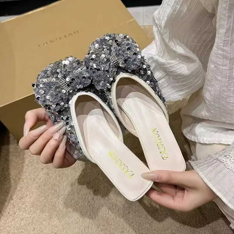 Sequins Slippers 2024 New Summer Women Sweet Butterfly-knot Flat Female Bling Leisure Holiday Sandals Flip-flops 35-40