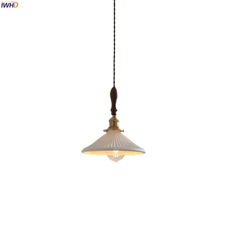 

IWHD Home Decor LED Pendant Light Fixture Stair Floor Bar Cafe Bedroom White Ceramic Wood Copper Hanging Lamp Luminaire Suspendu