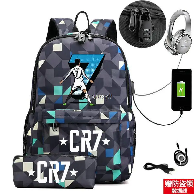 Mochila piezas CR7 para hombre y mujer, morral escolar de 18 pulgadas con carga USB, color negro, para ordenador portátil y adolescentes, 2 unidades