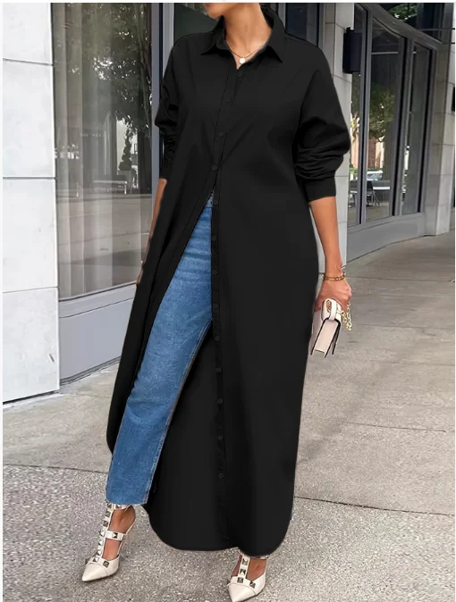 2025年女性用秋ロングドレス、女性向けトレンドカジュアルルーズ無地長袖ラペルボタンダウンシャツドレス、レディースストリートウェア