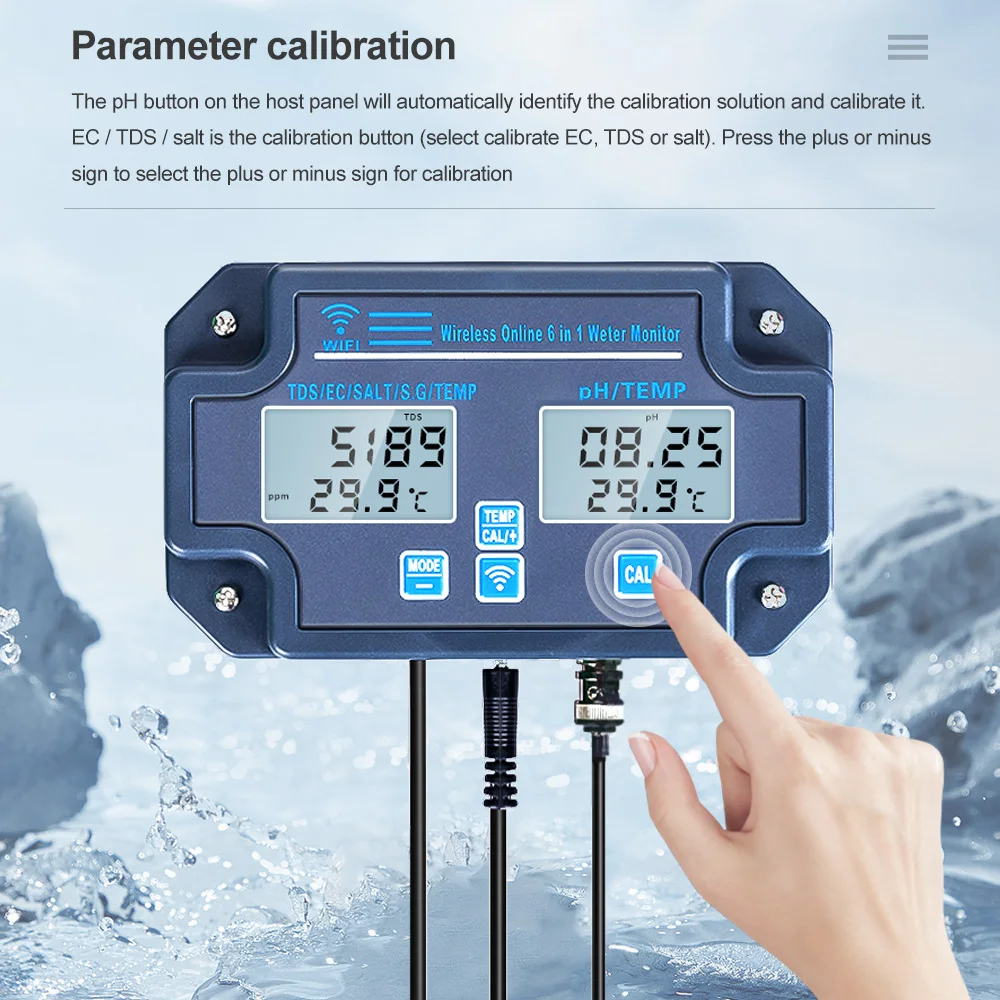 PH-W3988 Wifi Water Quality Monitor Multiparameter 6 in 1 Water Analyzer PH/EC/TDS/SALT/G.S/ Temp Meter APP Remote Online Monito