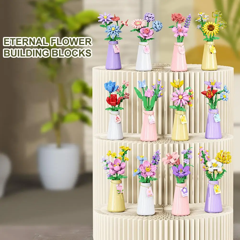 Bouquet di fiori con vaso Micro Building Block Girasole Rosa Mini modello di mattoni Giocattolo Bouquet 3D Piante Decorazioni per la casa Regalo per adulti
