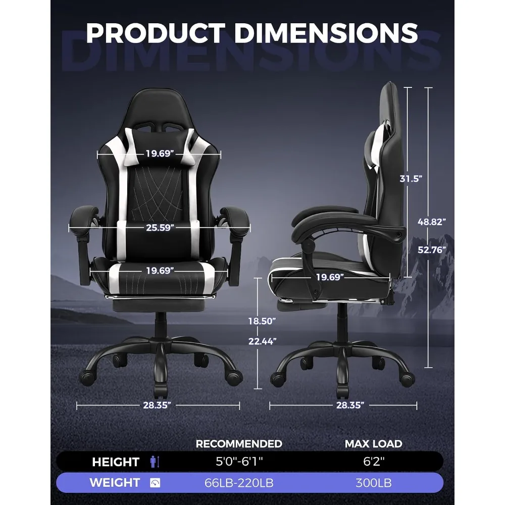 LUCKRACER Gaming Chair with Footrest Pocket Spring Seat Reclining Computer Chair White