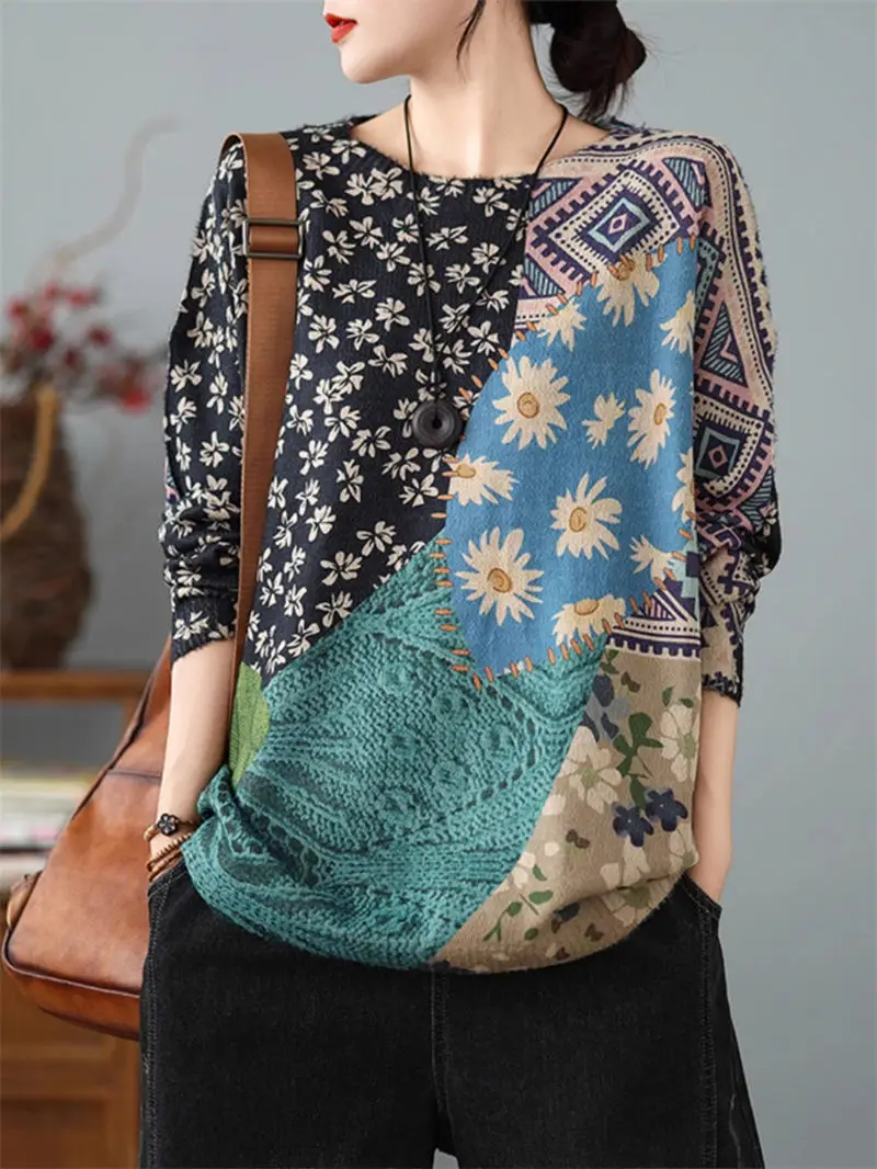Retro Ethnic Style Fashion Printed Long Sleeve Comfortable Sweater Large Size Women's Clothing Autumn Winter Versatile Top k2701