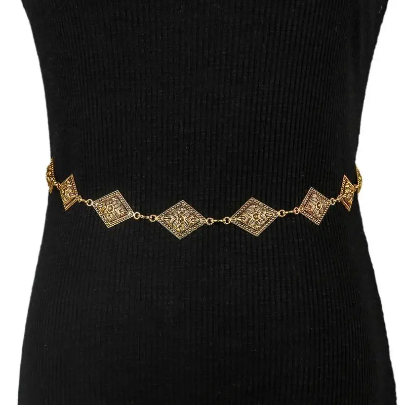 Retro Vielseitiger Ethno-Stil Rautenmuster Bohemian Taillenkette Gürtel für Damen Mode Pulloverkette Taillenverschluss Körperschmuck Accessoires – Detail 6