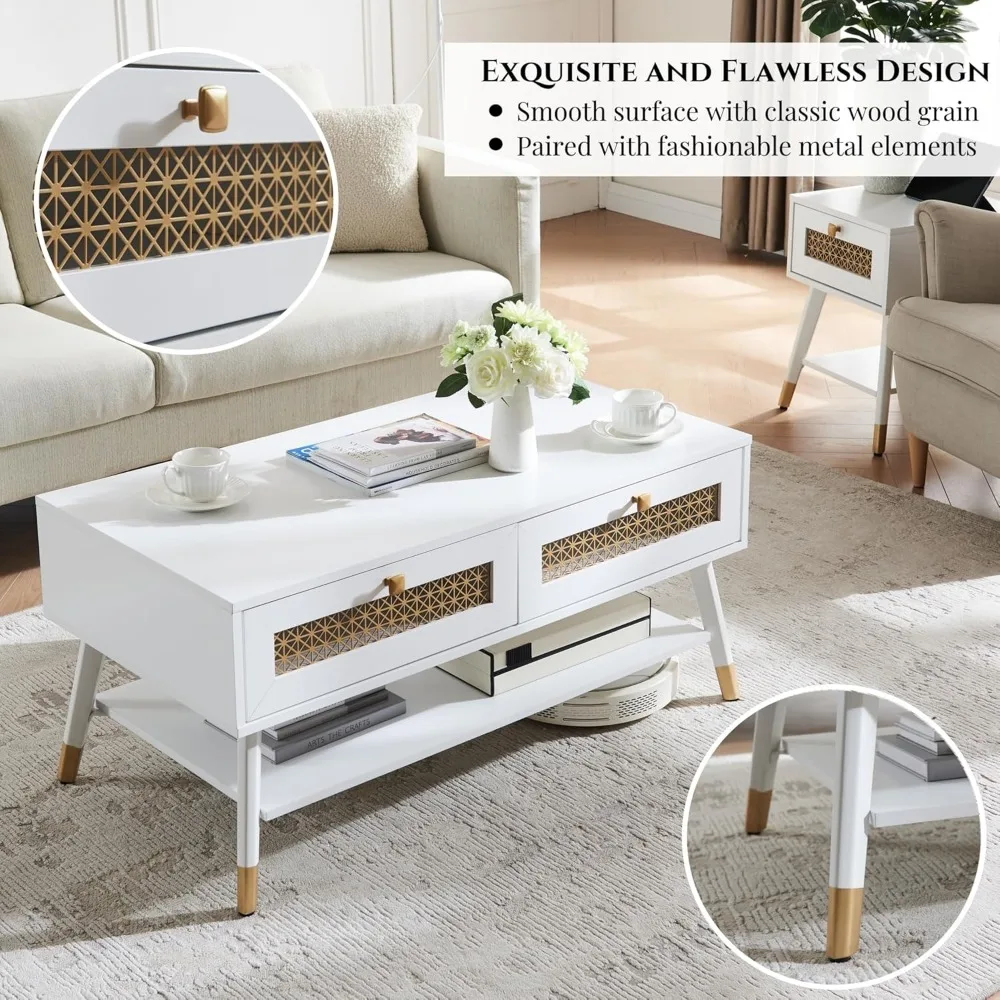 JYED Rectangle Mid Century Modern Coffee Table, Coffee Table with Storage Drawers and Open Shelf, White Wood Coffee Table for Li