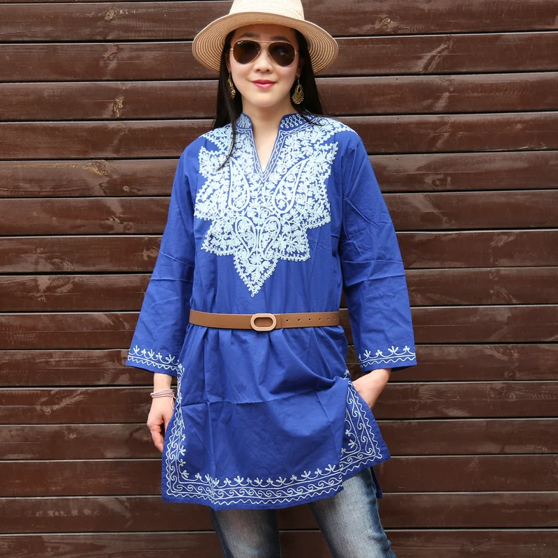 

Свободные женские длинные све с вышивкой, летние курты размера плюс, этническая смесь хлопка V-Ne, прямой крой средней длины