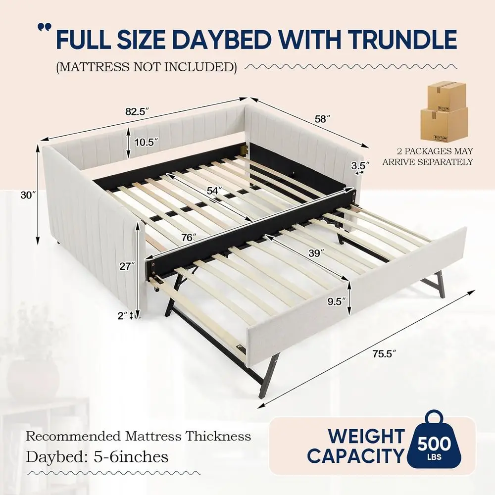 Linen Full Size Daybed with Pull-Out Trundle, Striped Upholstered Sofa Bed, Suitable for Bedroom or Living Room, No Box Spring N - view 2