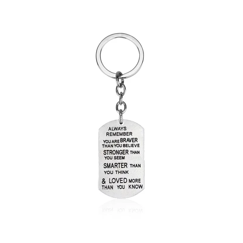 Silver Color Tag Pendant Key Chain Always Remember You Are Braver Than You Believe Stronger Than You Seem Smarter Unisex Keyring