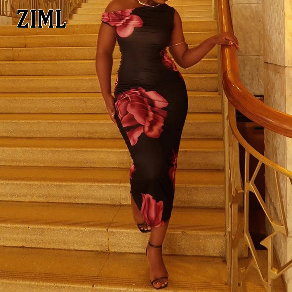 

ZIML Hit Color Printing Sheer Dresses for Women Diagonal Collar One Shoulder Sleeve High Waist Slimming Chic Dresses Female New