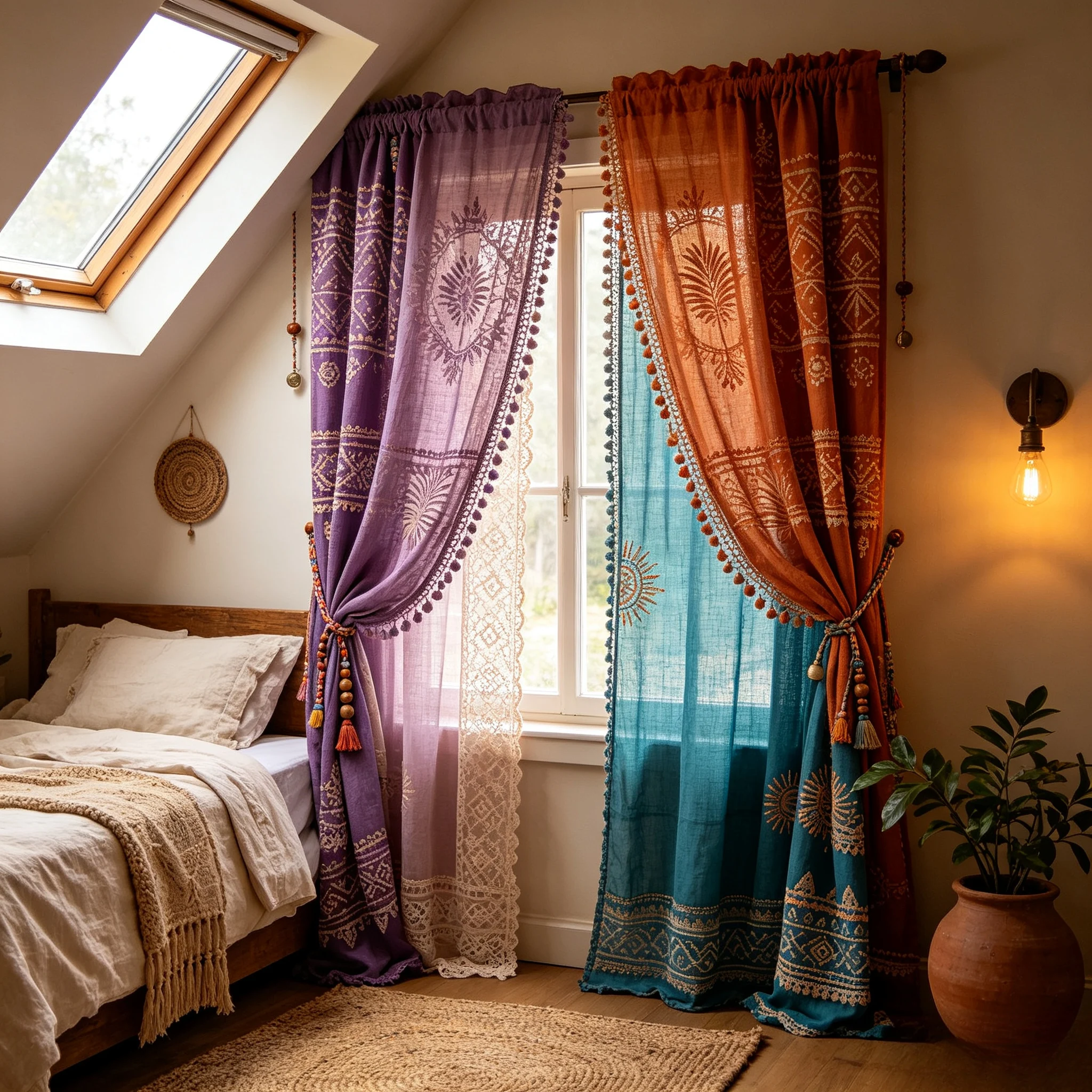 200260   Violet soil orange peacock blue woven cotton curtains