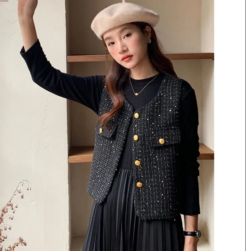 

Small Fragrant Black Tweed Vest Spring Autumn Sleeveless Jacket Crop Top Korean Fashion Single-breasted High-end Coat Waistcoat